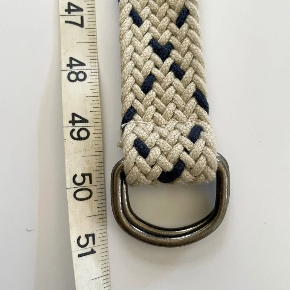 Woven Braided Rope Belt Cream Navy D-Ring Buckle Nautical Preppy Academia